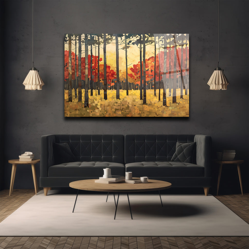 Sonbahar Ormanı Manzaralı Modern Cam Tablo