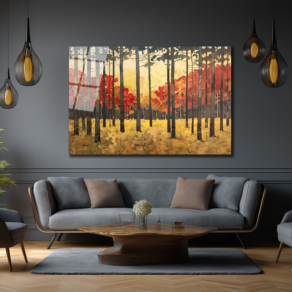 Sonbahar Ormanı Manzaralı Modern Cam Tablo