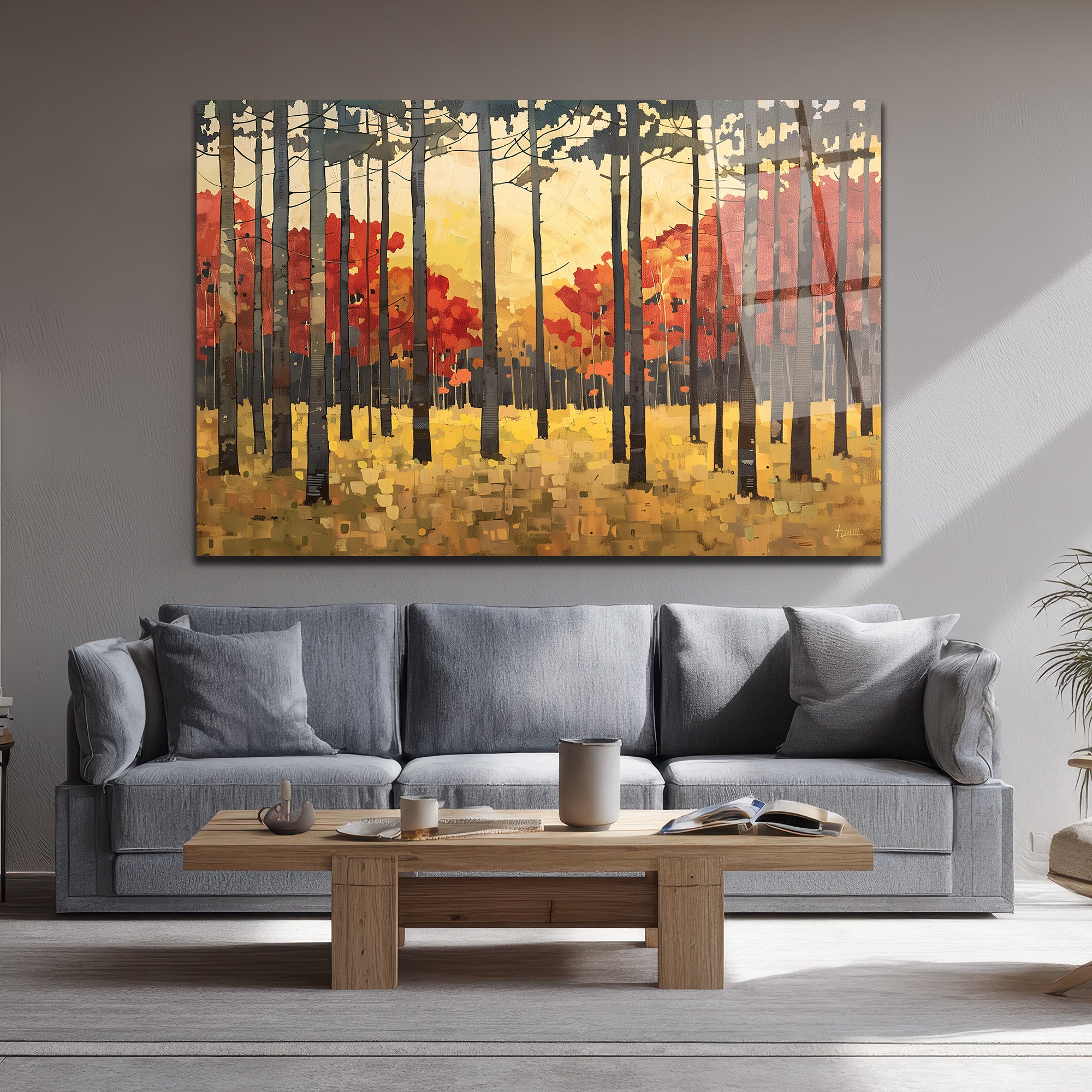 Sonbahar Ormanı Manzaralı Modern Cam Tablo