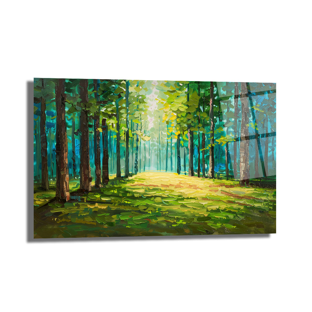 Güneş Işığı Süzülen Orman Yolu Manzarası Cam Tablo