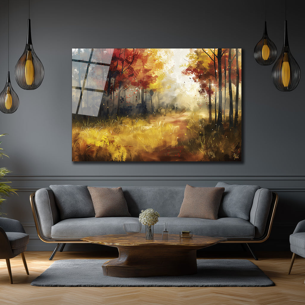 Sonbahar Ormanı Yolu Cam Tablo - Güneş Işığı Sanat Eseri