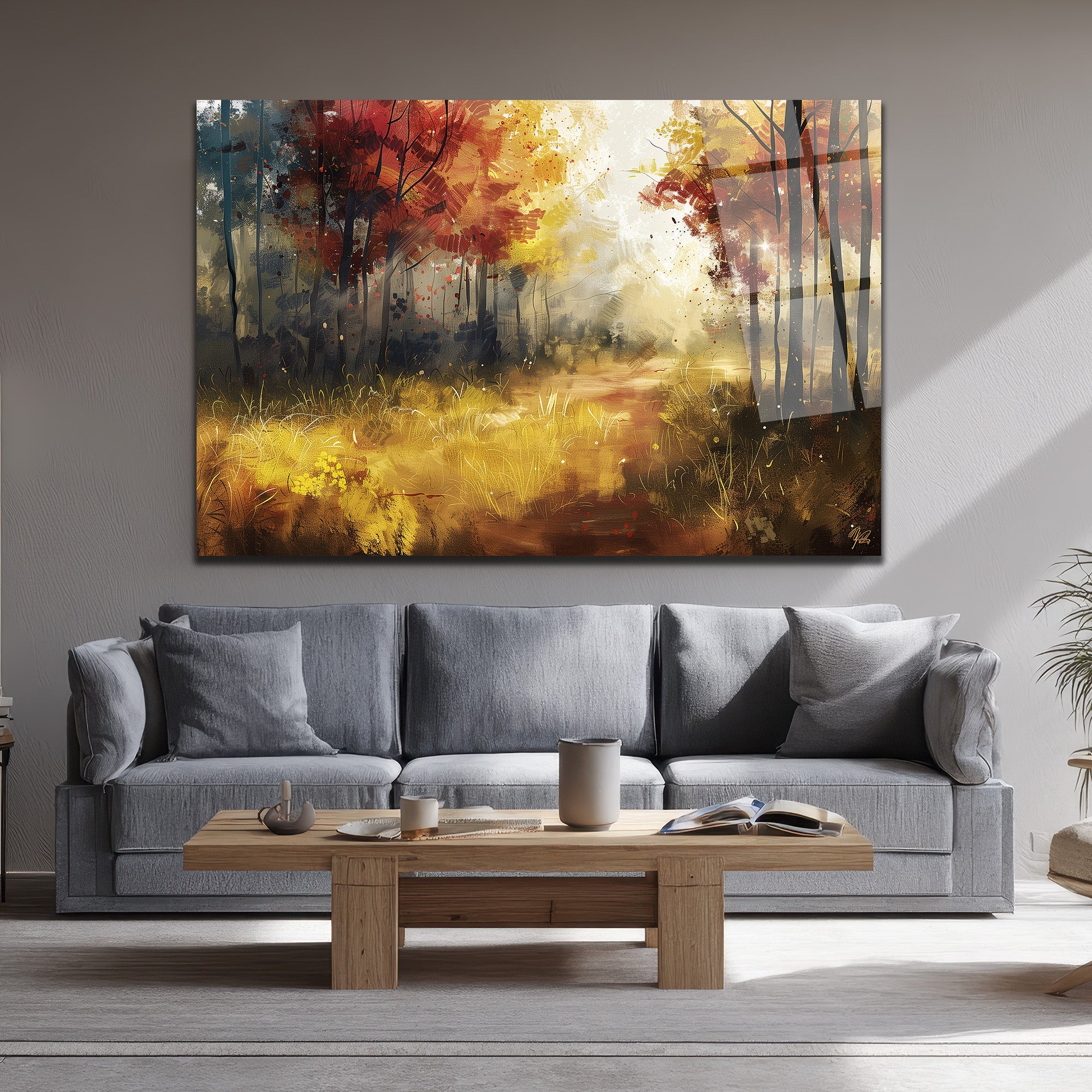 Sonbahar Ormanı Yolu Cam Tablo - Güneş Işığı Sanat Eseri