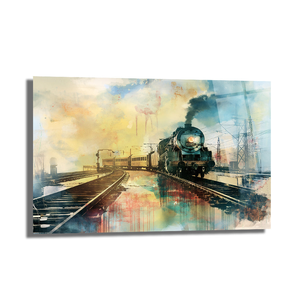 Nostaljik Buharlı Tren Sanatı Temalı Cam Tablo