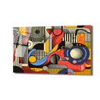 Canlı renklerde, geometrik şekiller ve çizgilerle dolu modern soyut bir sanat eseri. Kırmızı, mavi, sarı, siyah ve beyaz tonlarında, pop art ve retro esintili bir desen.
