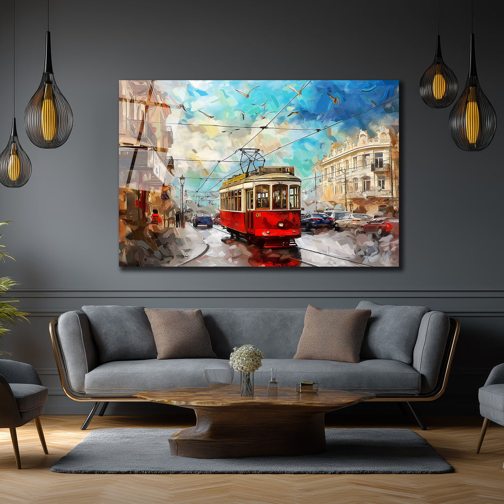 Şehrin Ritmi: Kırmızı Tramvay Sanatsal Cam Tablo