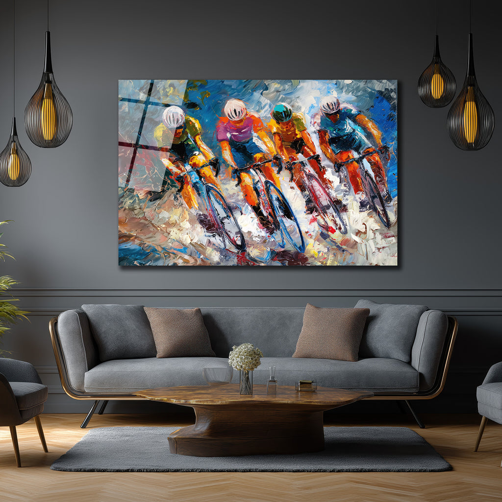 Enerjik Bisiklet Yarışı Modern Cam Tablo
