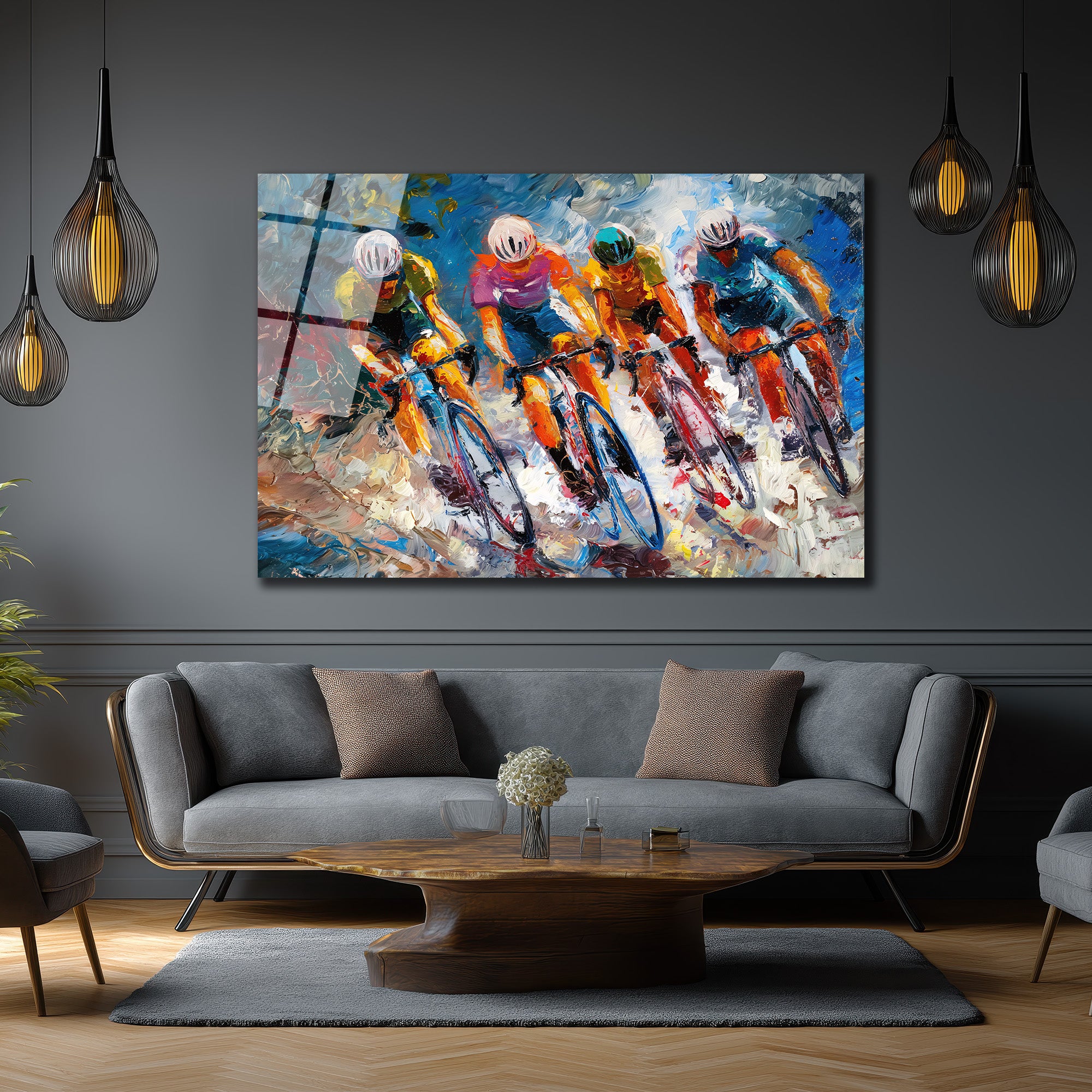 Enerjik Bisiklet Yarışı Modern Cam Tablo