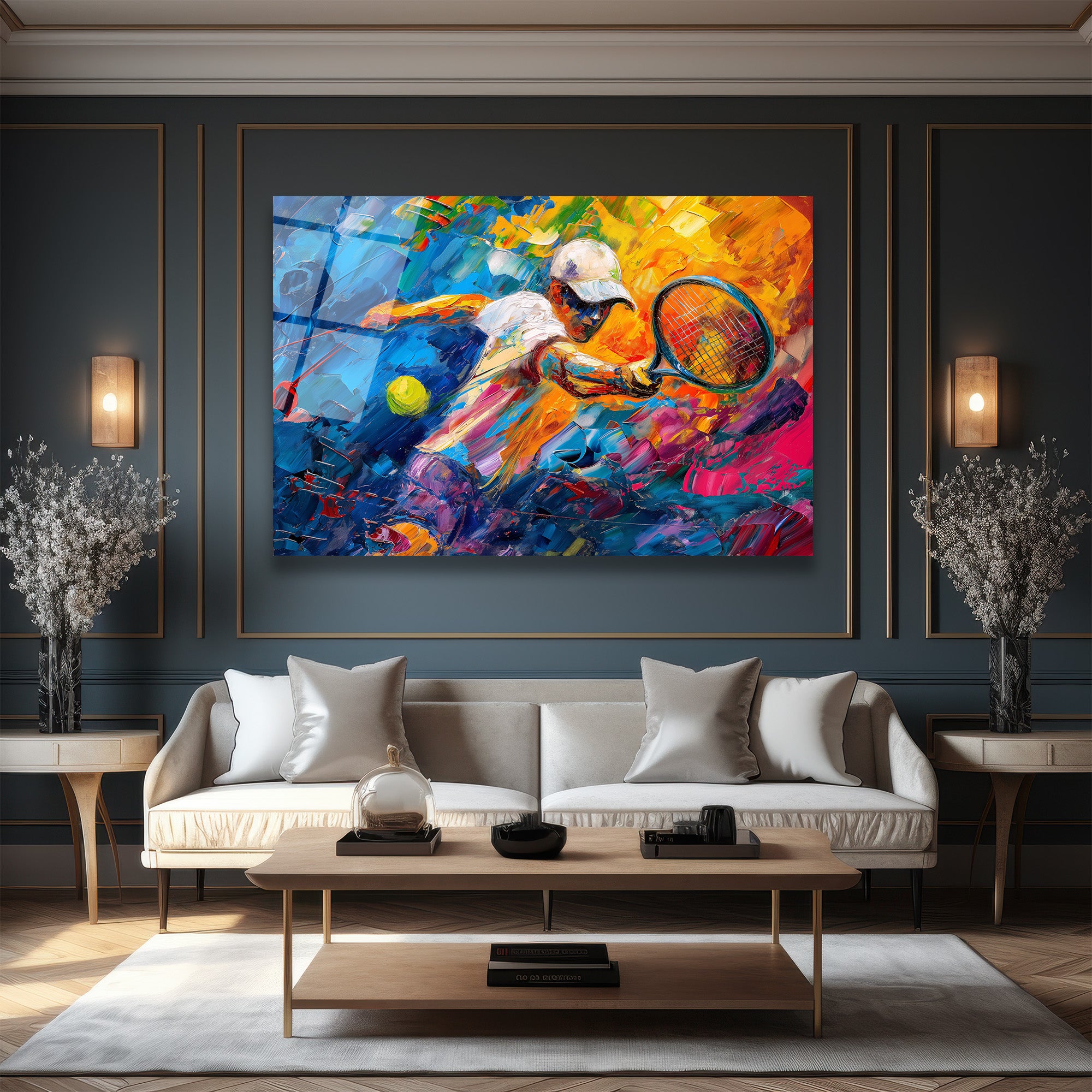 Dinamik Tenisçi Soyut Sanat Cam Tablo