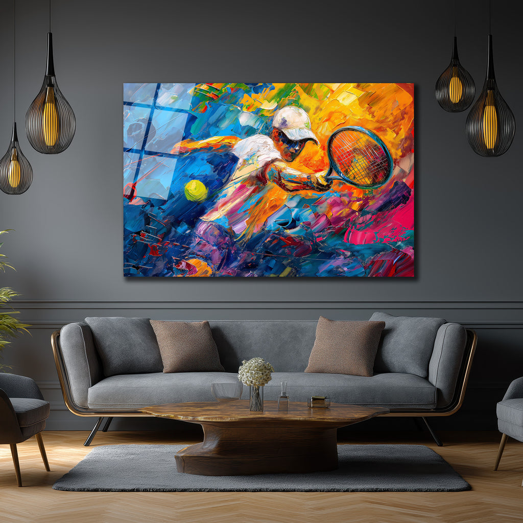 Dinamik Tenisçi Soyut Sanat Cam Tablo