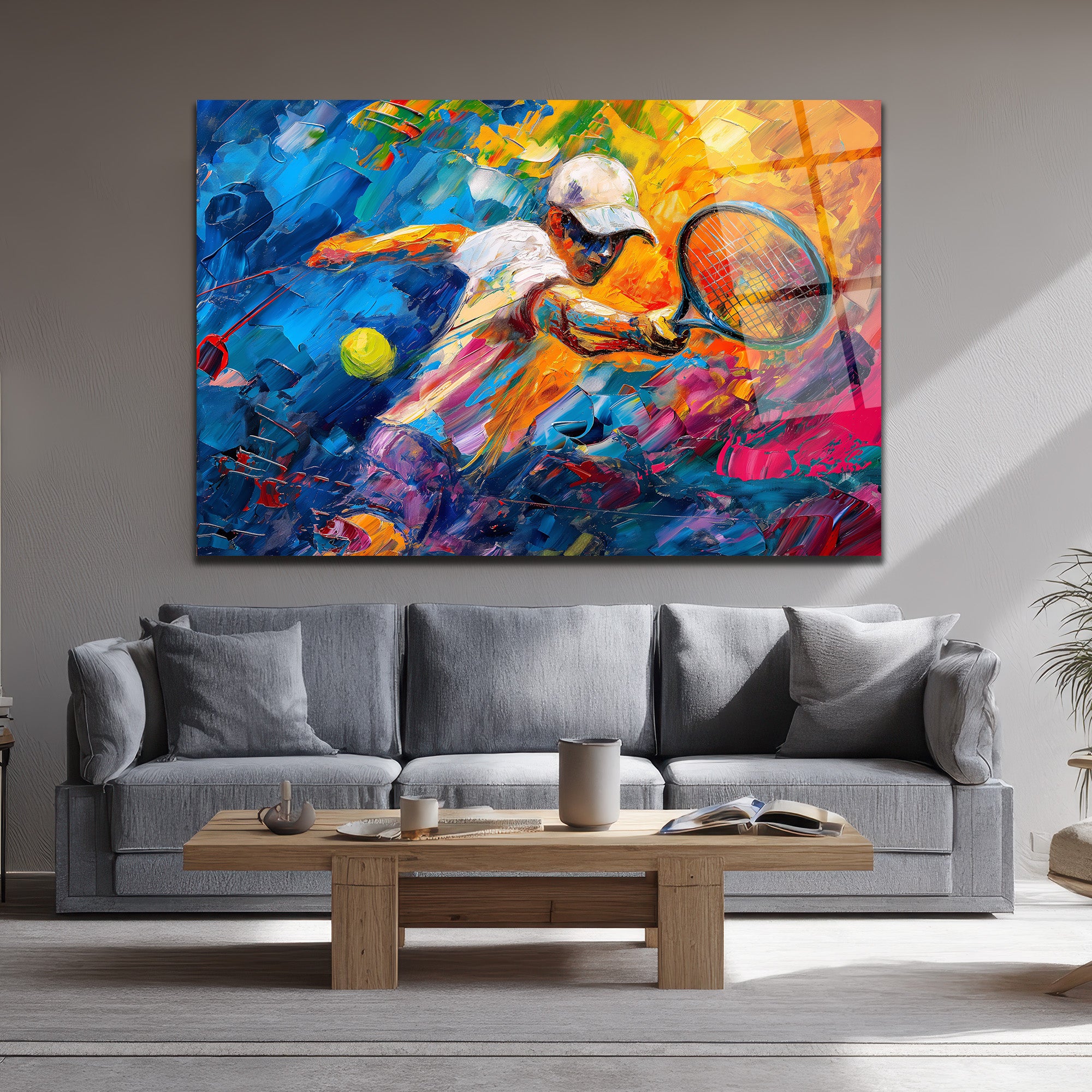 Dinamik Tenisçi Soyut Sanat Cam Tablo