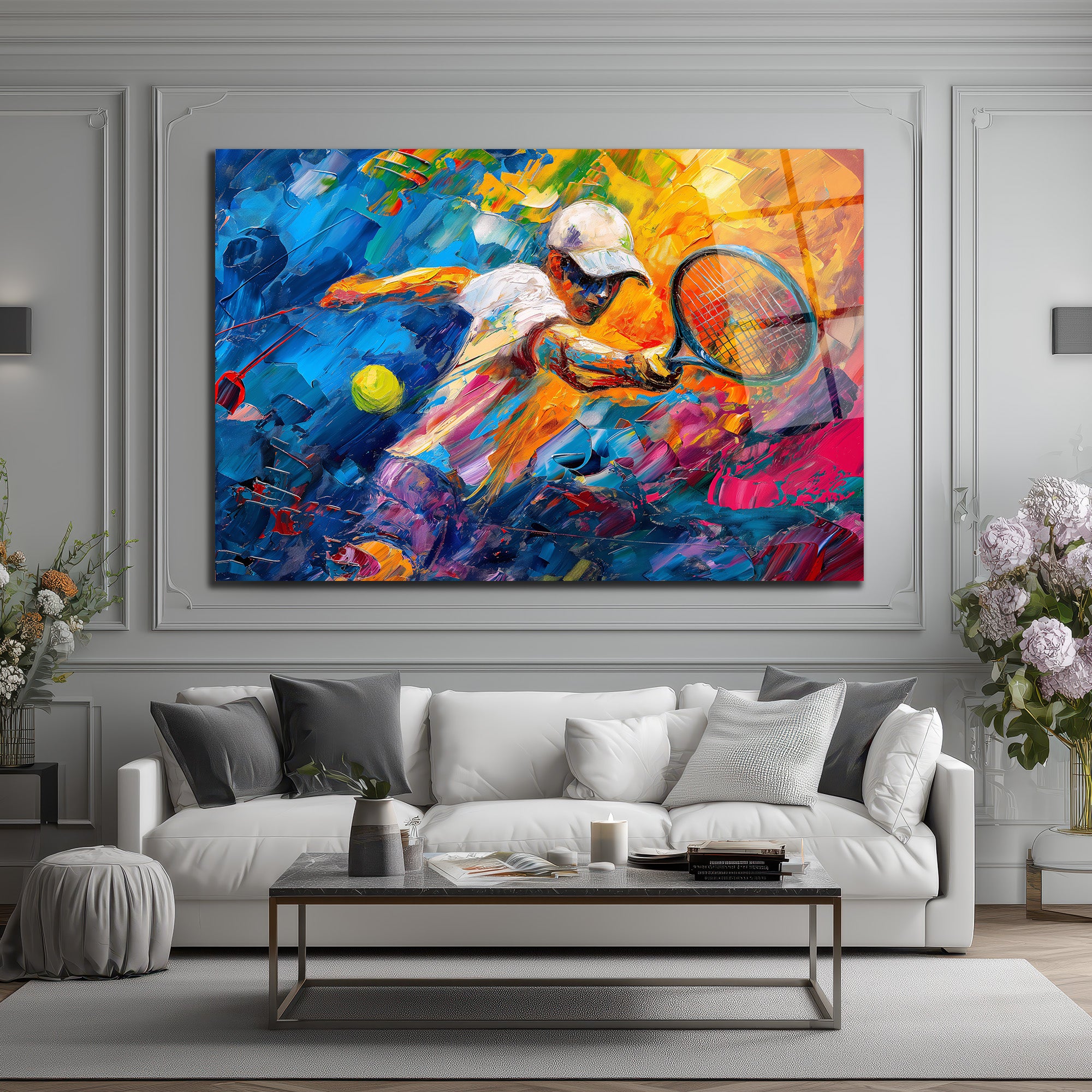 Dinamik Tenisçi Soyut Sanat Cam Tablo