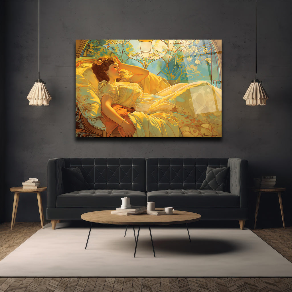 Altın Işıltılı Rüya Art Nouveau Cam Tablo