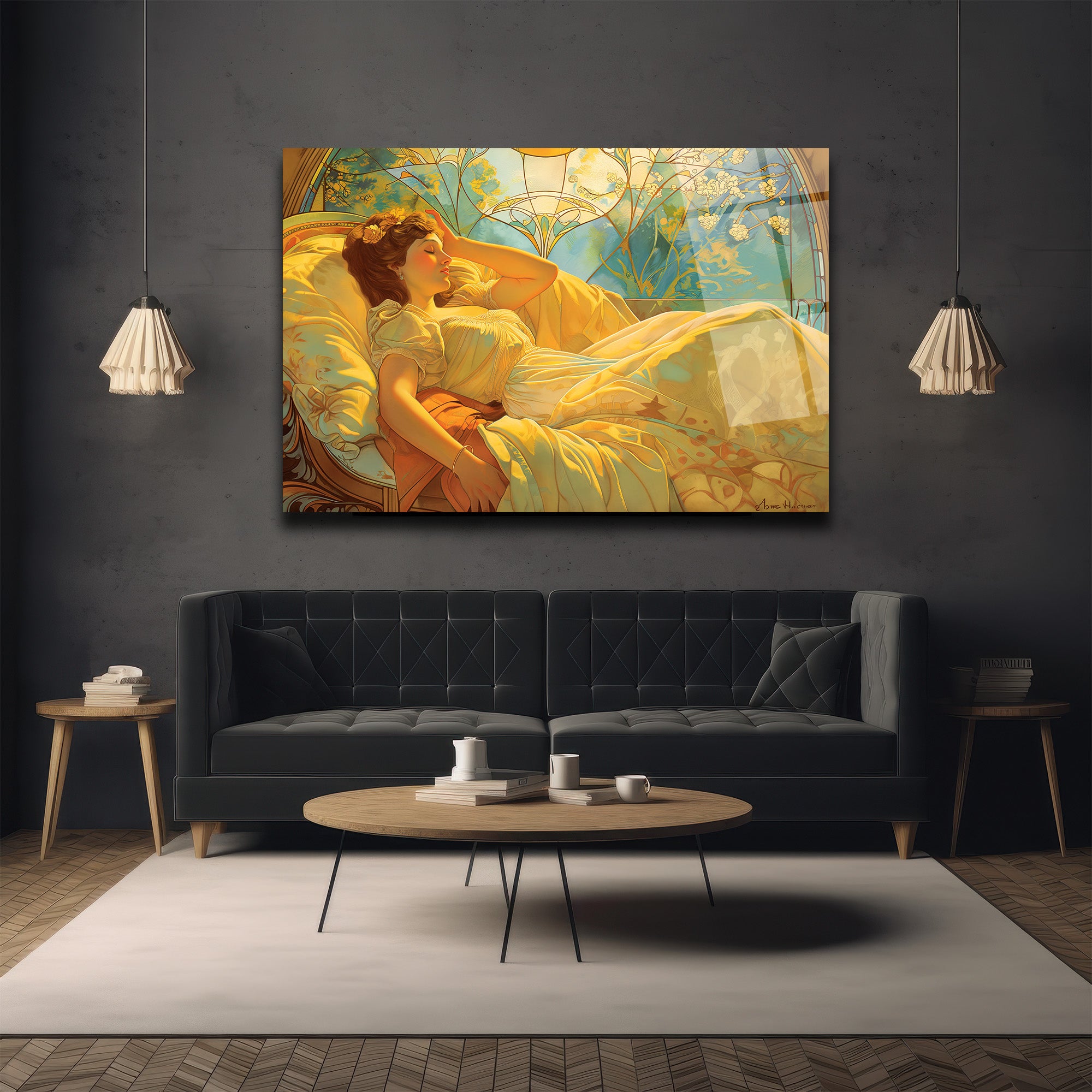 Altın Işıltılı Rüya Art Nouveau Cam Tablo