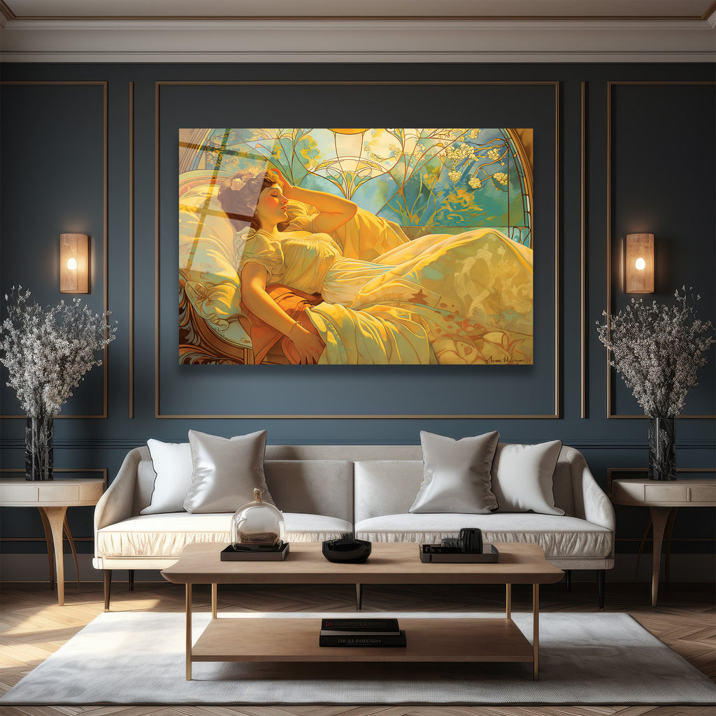 Altın Işıltılı Rüya Art Nouveau Cam Tablo