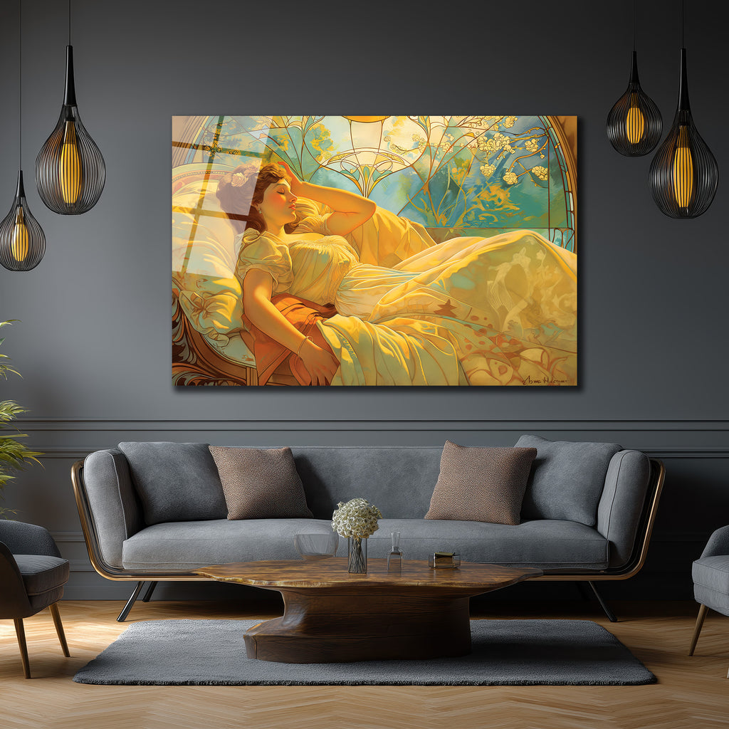 Altın Işıltılı Rüya Art Nouveau Cam Tablo