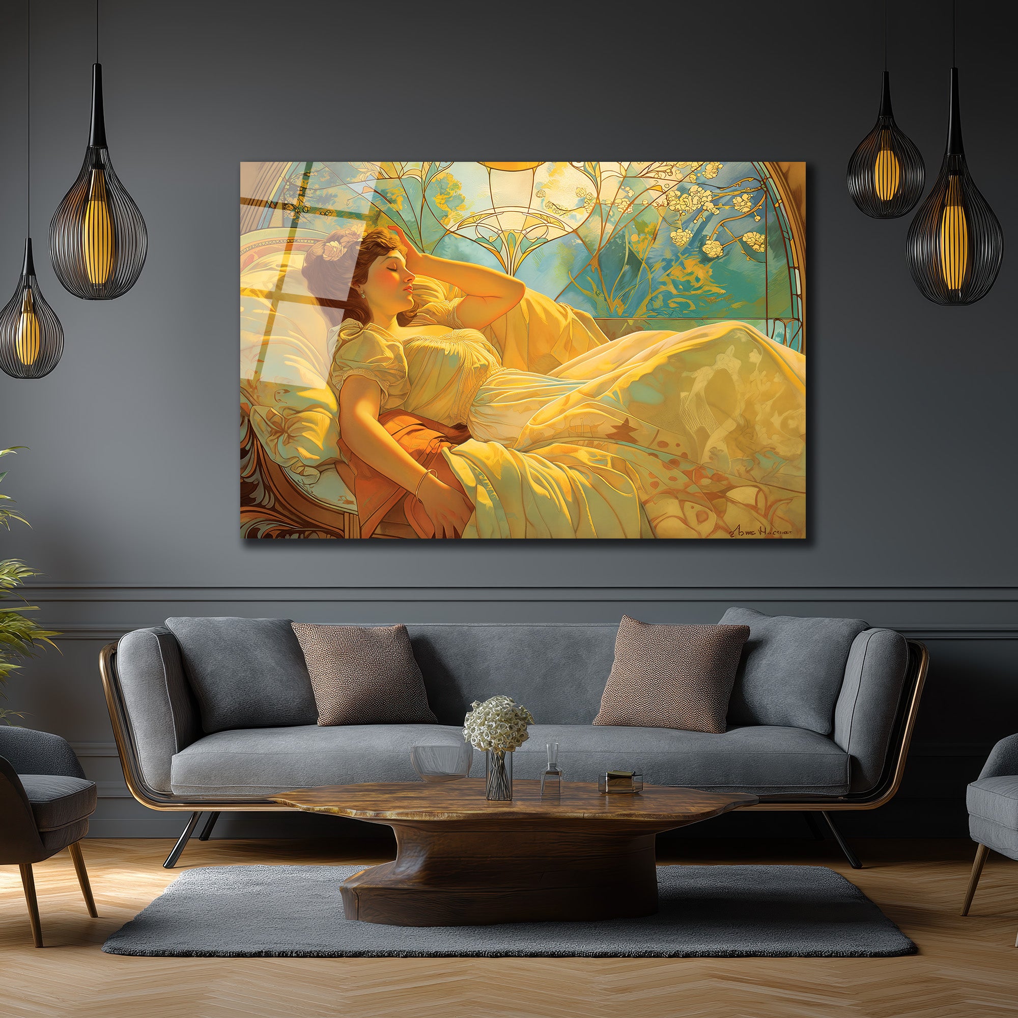 Altın Işıltılı Rüya Art Nouveau Cam Tablo