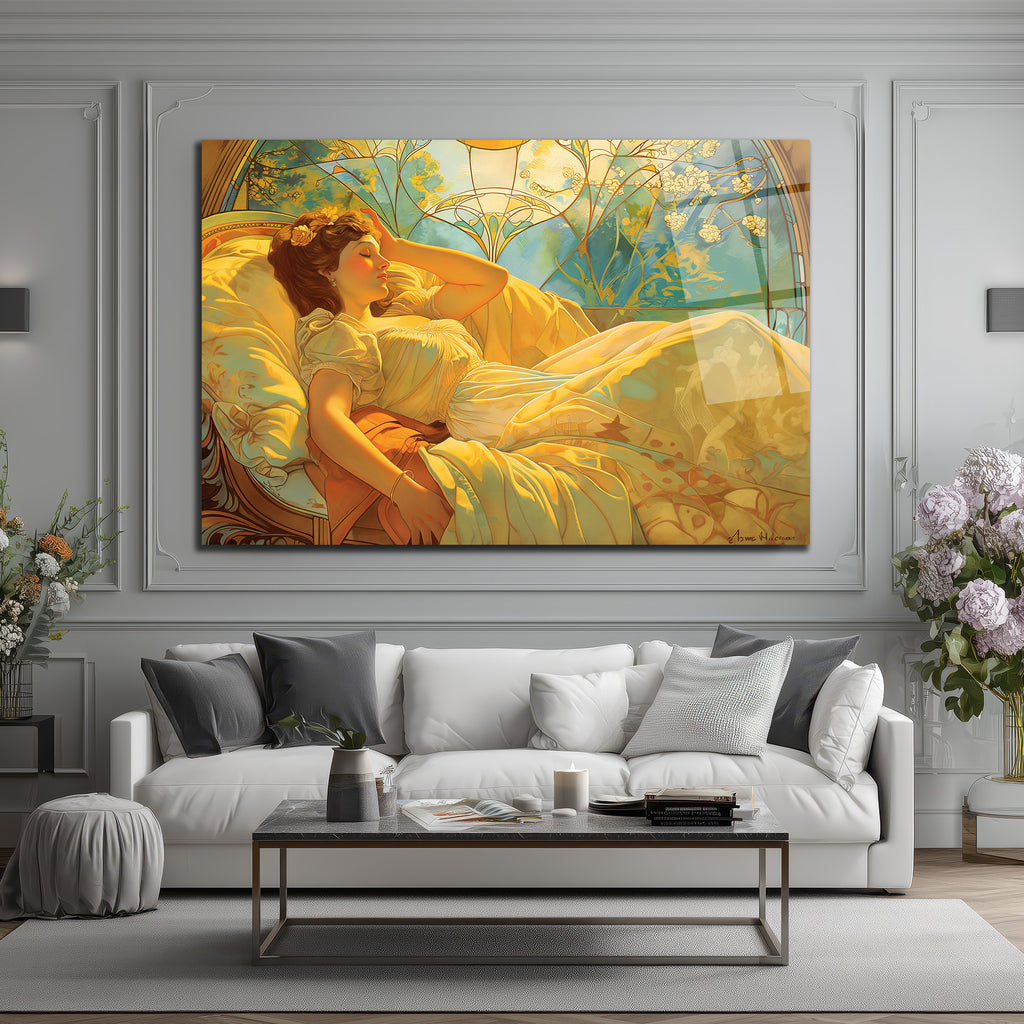 Altın Işıltılı Rüya Art Nouveau Cam Tablo