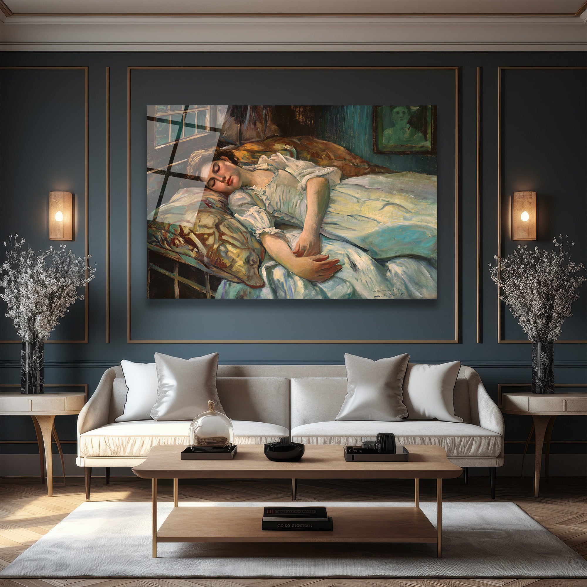 Huzurlu Uyku: Zarif Kadın Portresi Cam Tablo