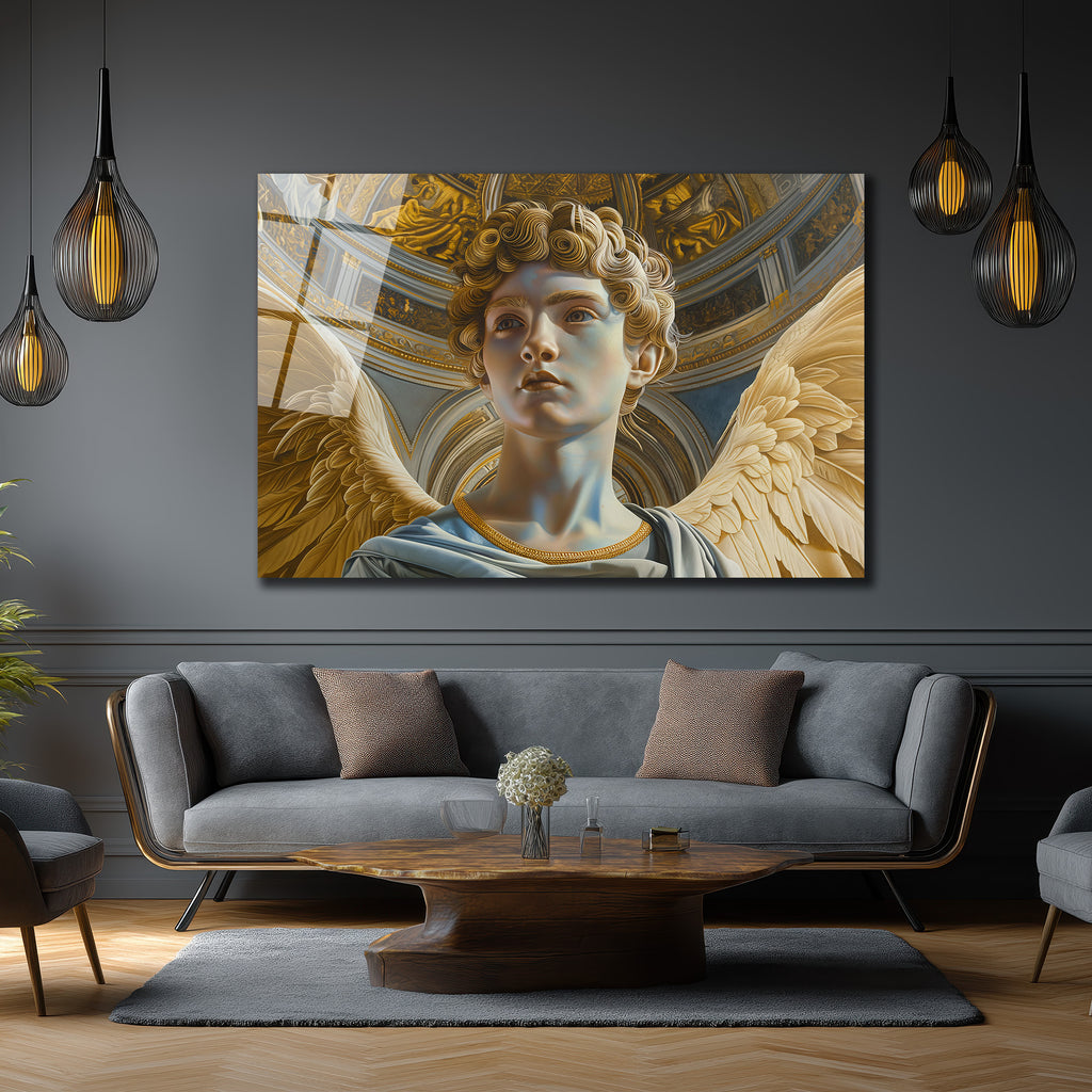 Altın Kanatlı Melek Rönesans Temalı Cam Tablo