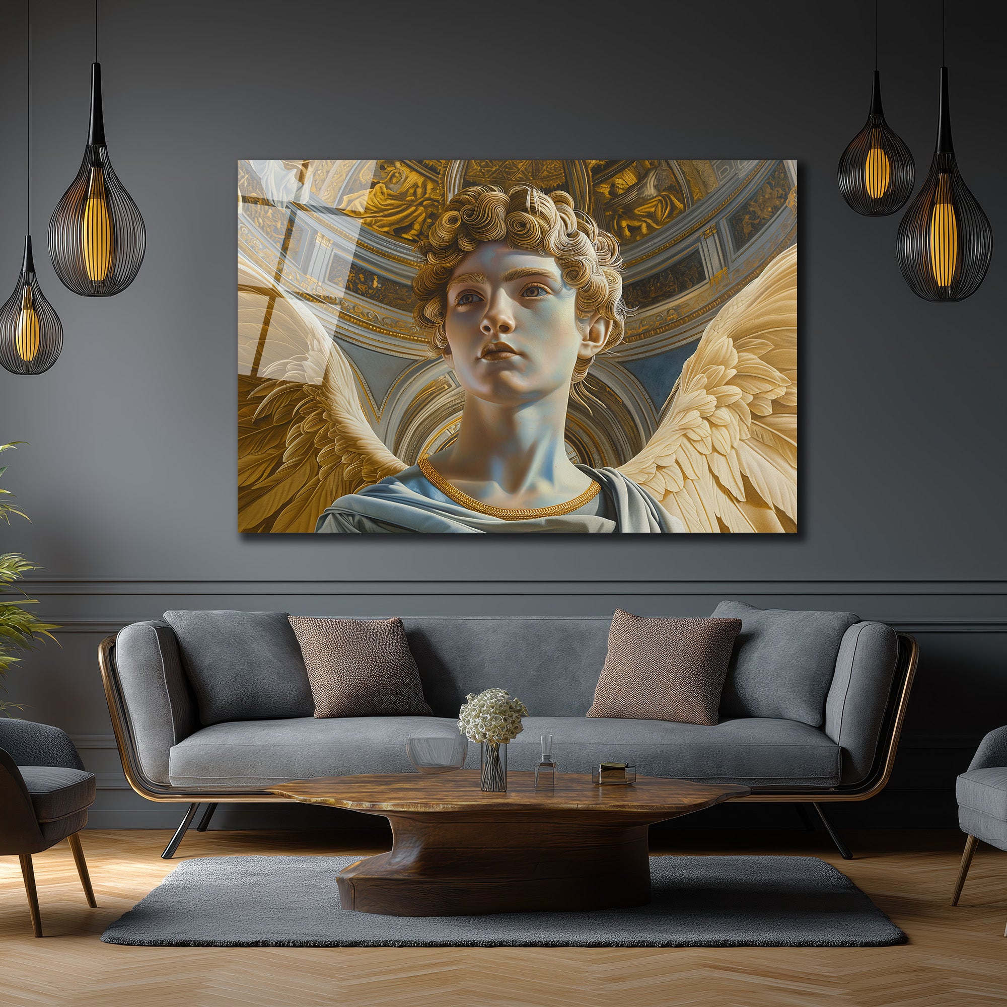Altın Kanatlı Melek Rönesans Temalı Cam Tablo