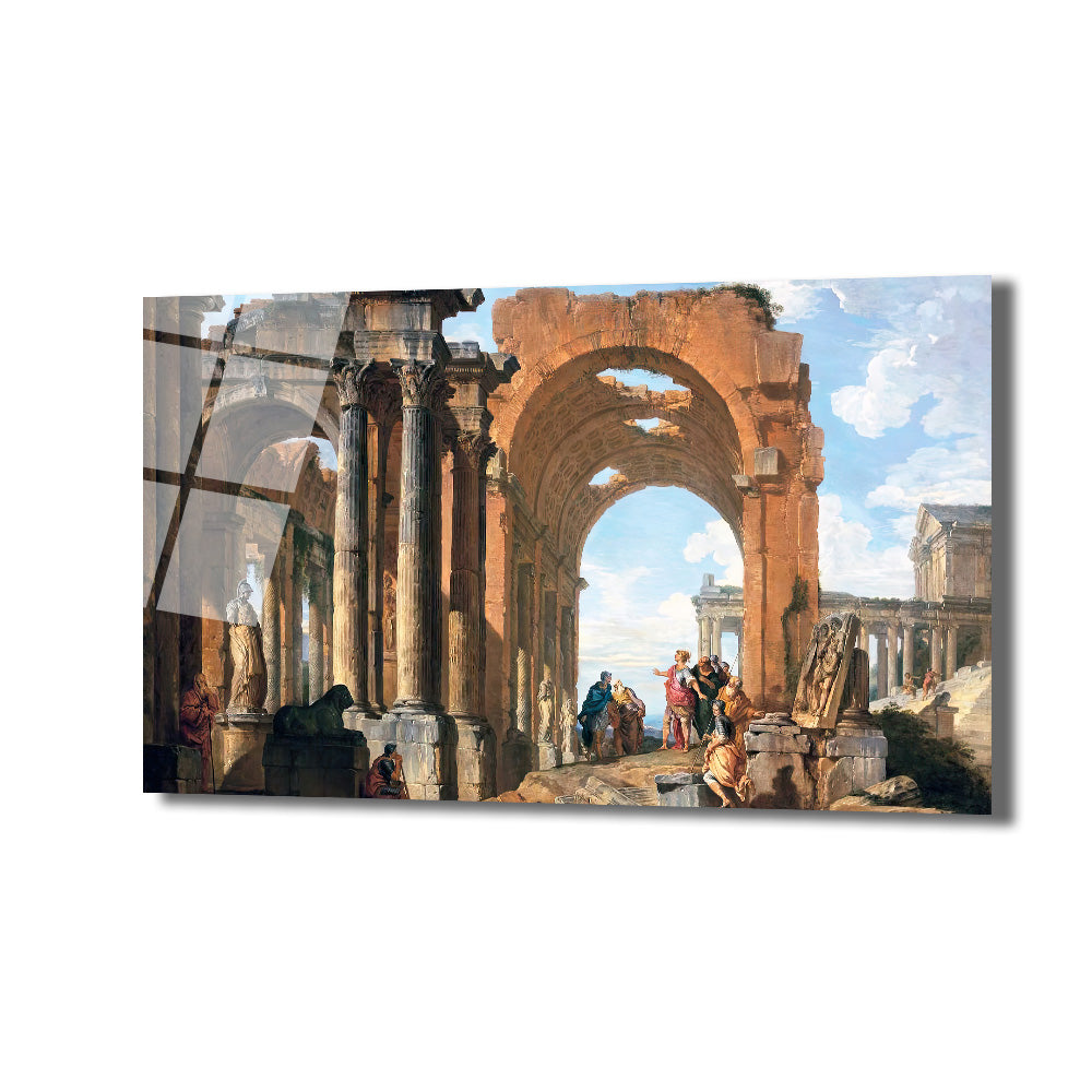 Antik Roma dönemine ait, yıkık kemerler, sütunlar ve harabelerin betimlendiği, içinde klasik giysili insanların bulunduğu geniş bir manzara resmi. Gökyüzü açık mavi ve bulutlu.