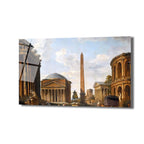 Antik Roma mimarisini tasvir eden, Pantheon benzeri bir kubbeli bina, yüksek bir obelisk ve kemerli bir yapıya sahip tarihi şehir manzarası. Gökyüzünde beyaz bulutlar ve yerde küçük insan figürleri bulunuyor.