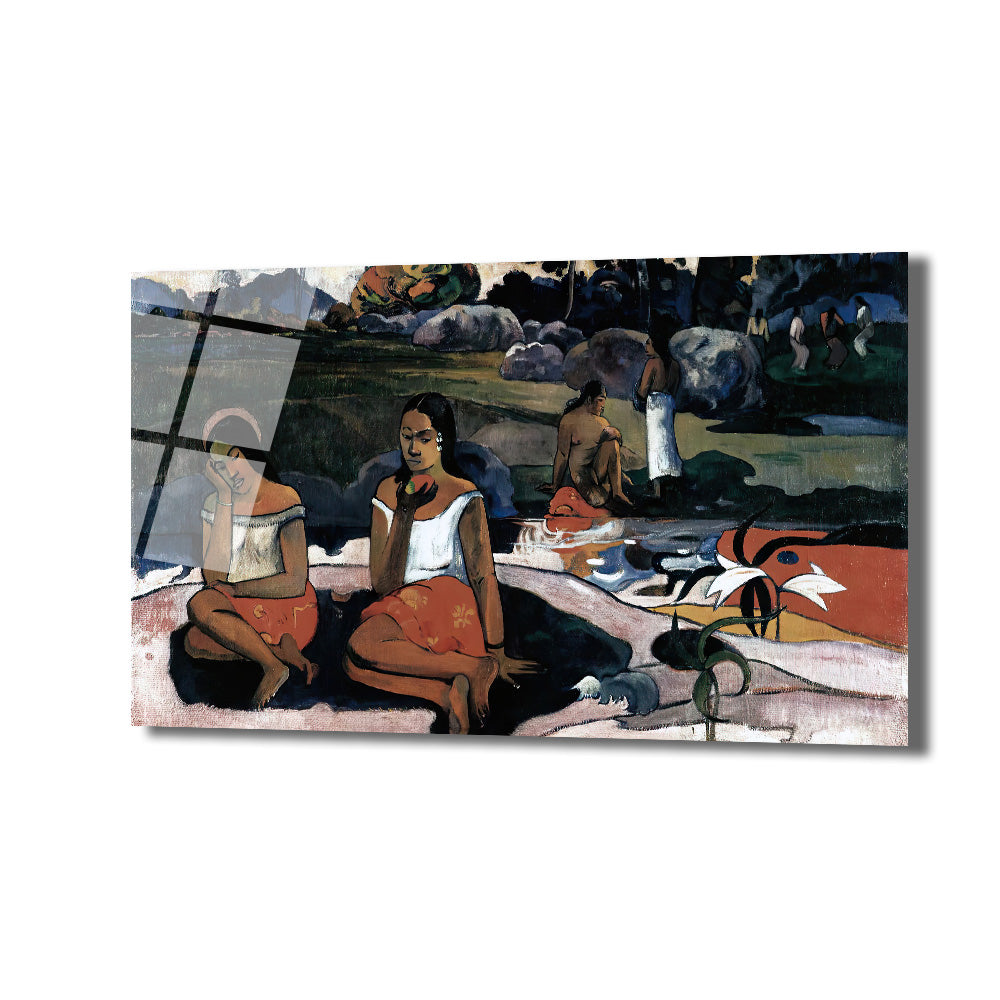 Paul Gauguin esintili, toprak tonlarında Tahitili kadınları gösteren, derin düşünen ve meyve tutan figürlerin bulunduğu, Post-Empresyonist tarzda bir cam tablo görseli.