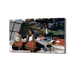 Paul Gauguin esintili, toprak tonlarında Tahitili kadınları gösteren, derin düşünen ve meyve tutan figürlerin bulunduğu, Post-Empresyonist tarzda bir cam tablo görseli.