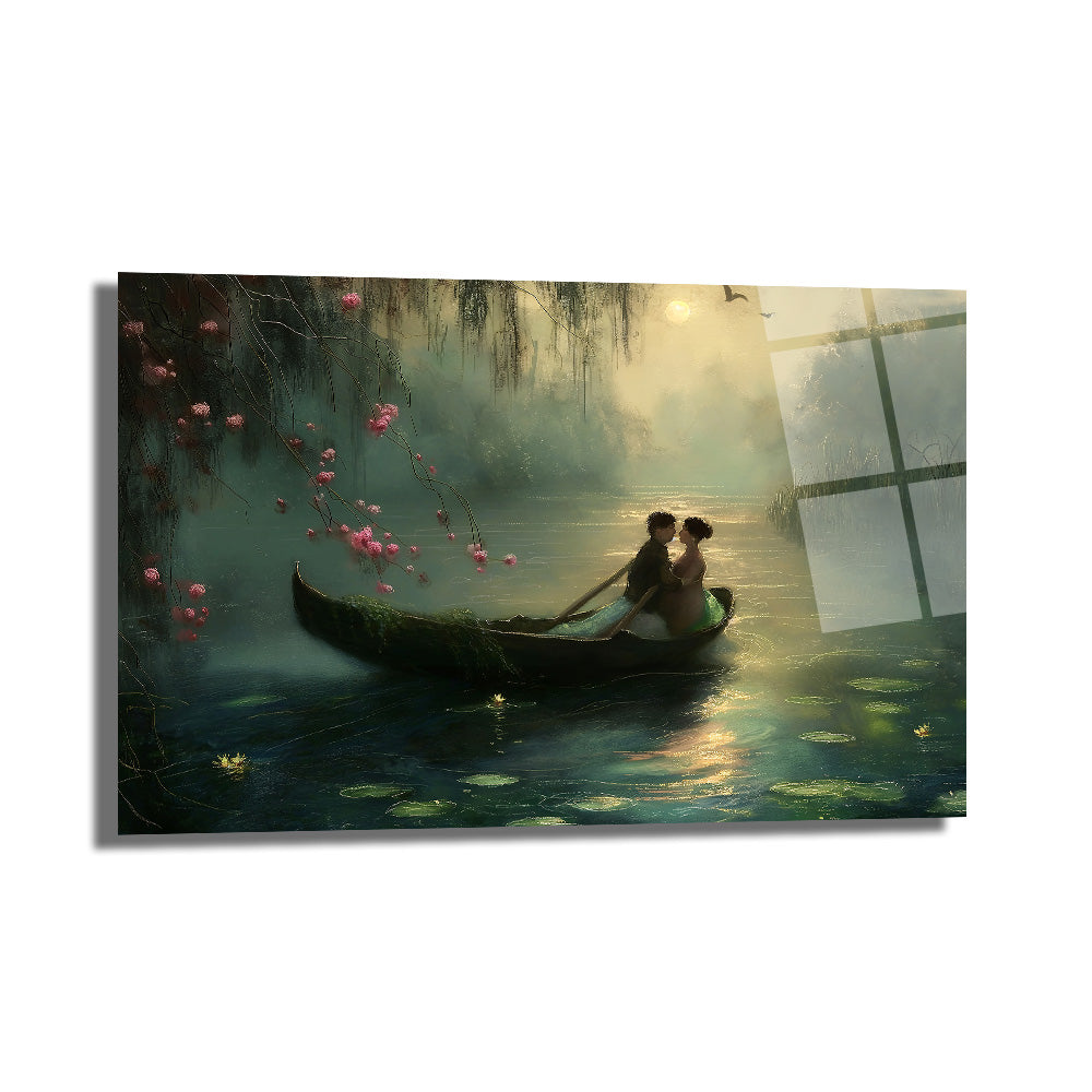 Romantik Göl Manzarası Ay Işığı Cam Tablo