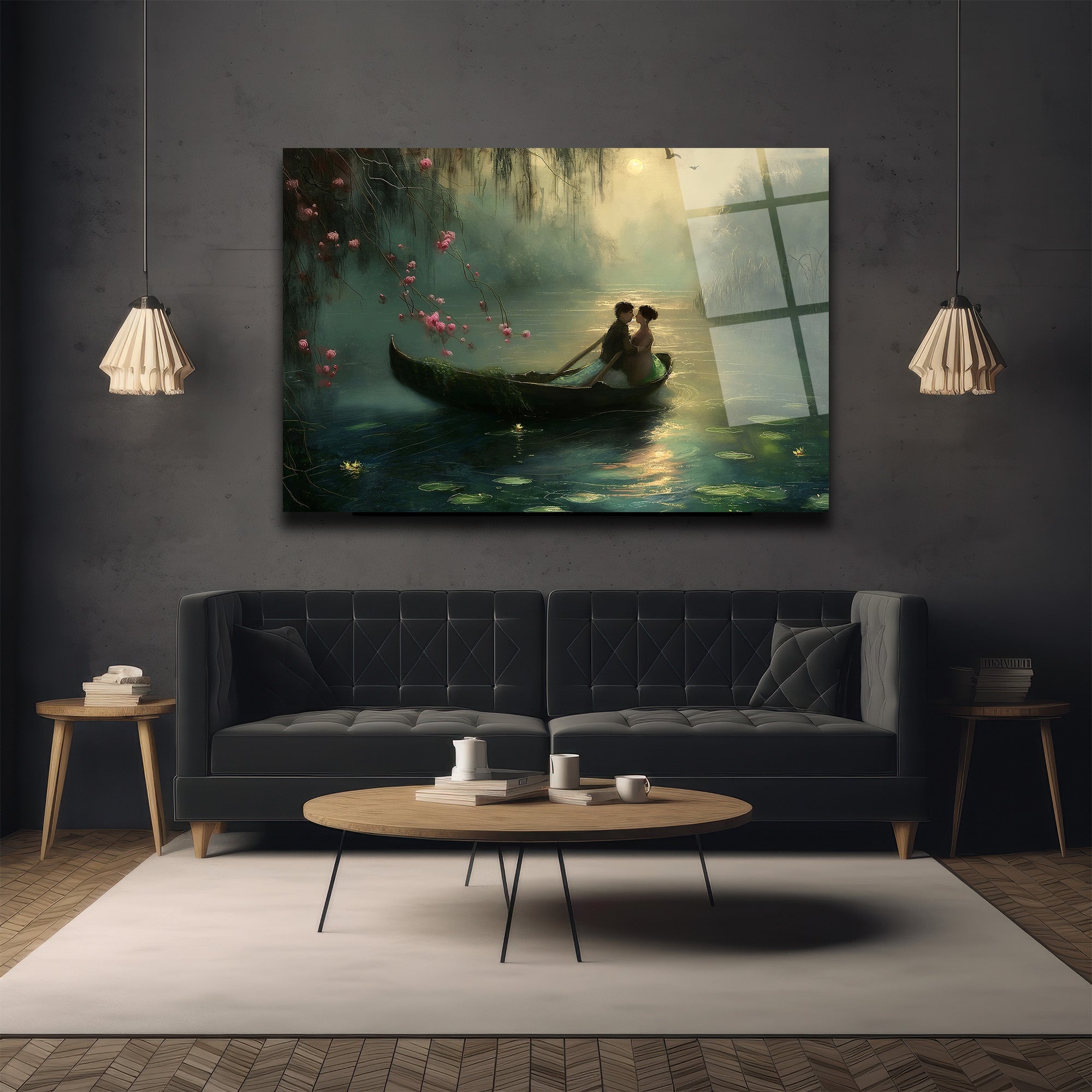 Romantik Göl Manzarası Ay Işığı Cam Tablo