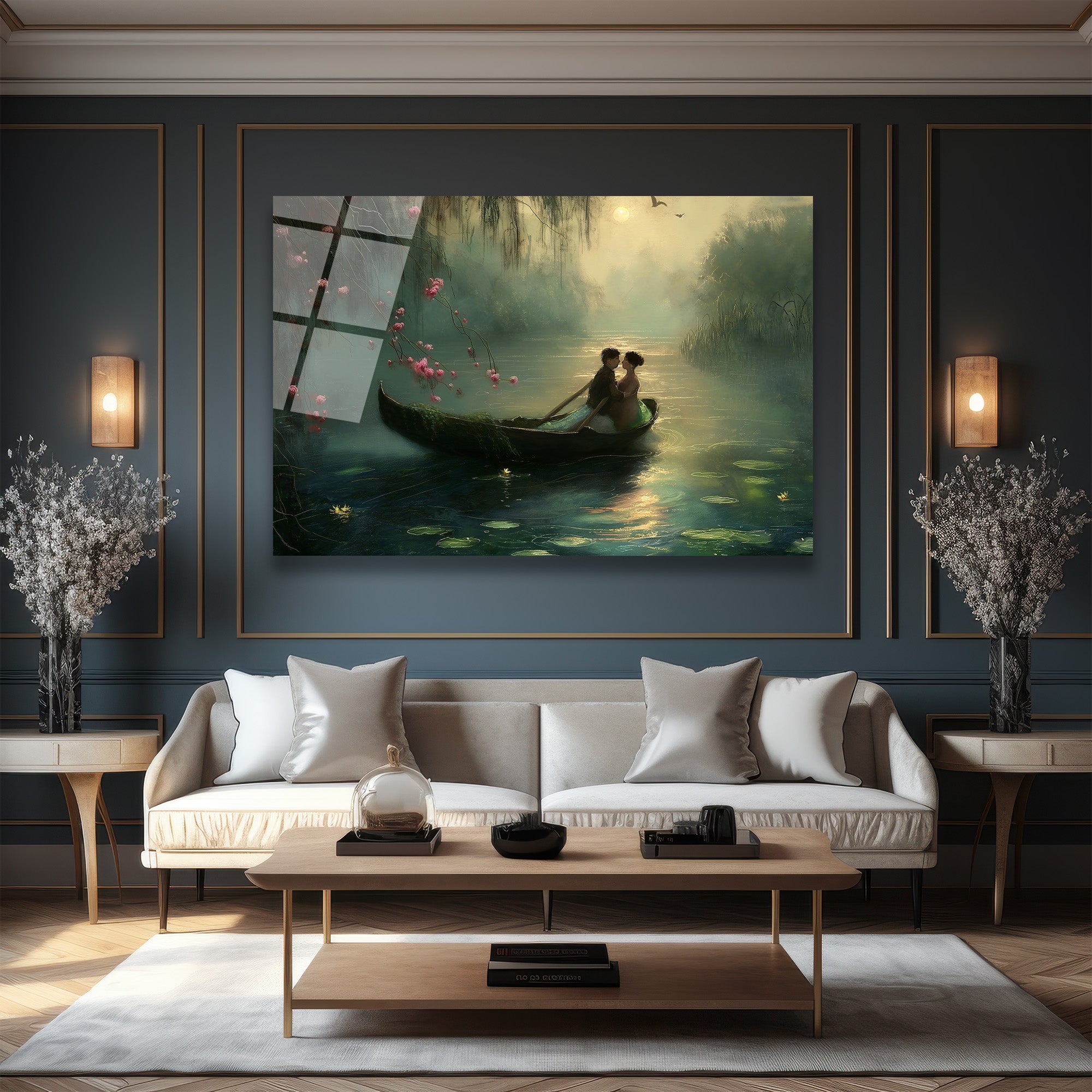 Romantik Göl Manzarası Ay Işığı Cam Tablo