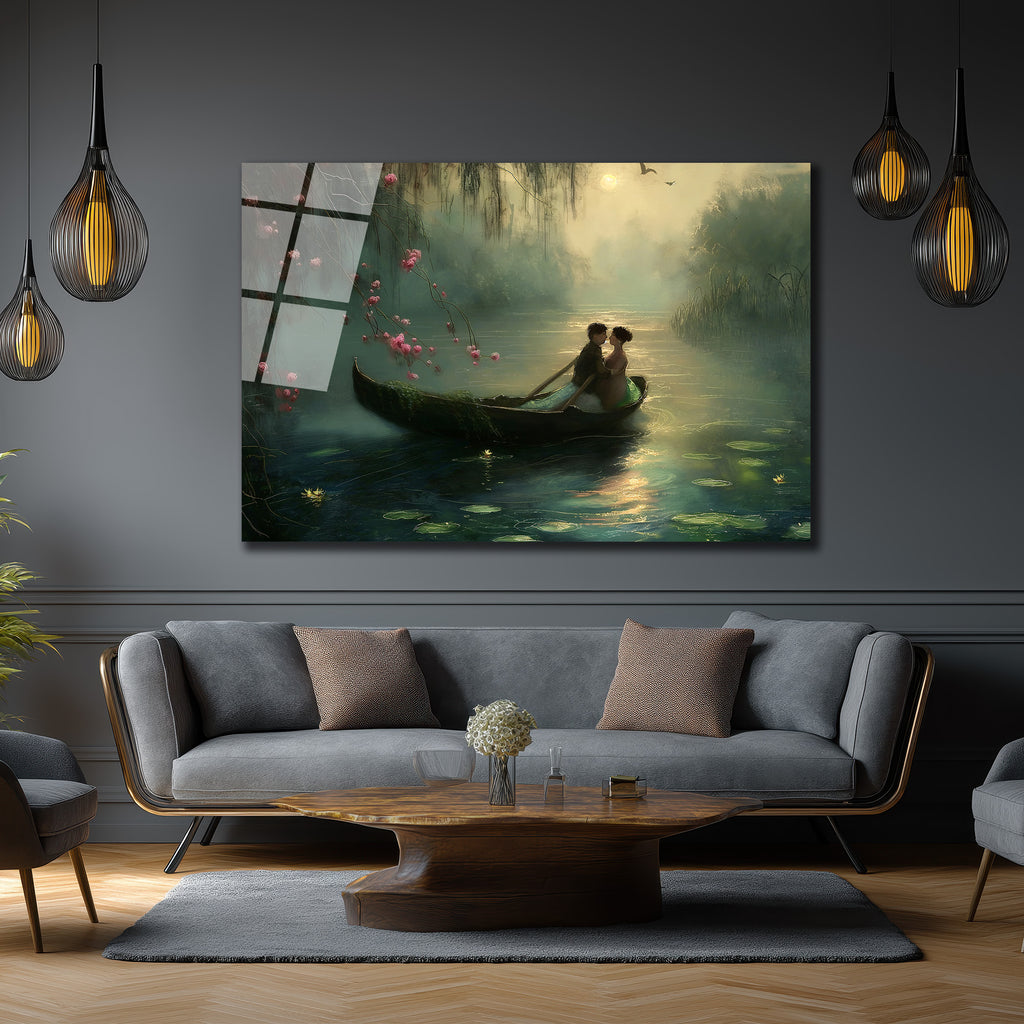 Romantik Göl Manzarası Ay Işığı Cam Tablo