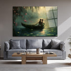 Romantik Göl Manzarası Ay Işığı Cam Tablo