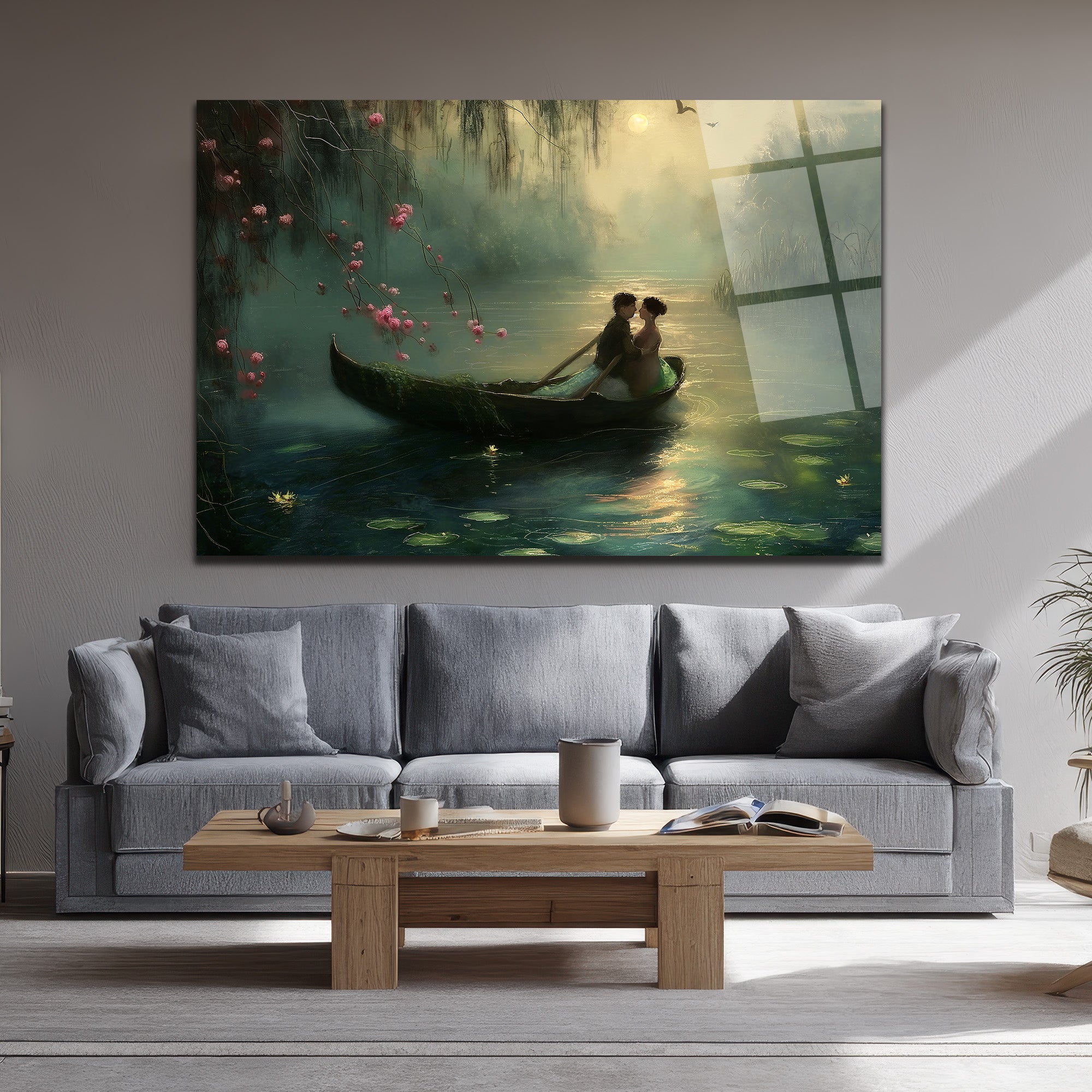 Romantik Göl Manzarası Ay Işığı Cam Tablo