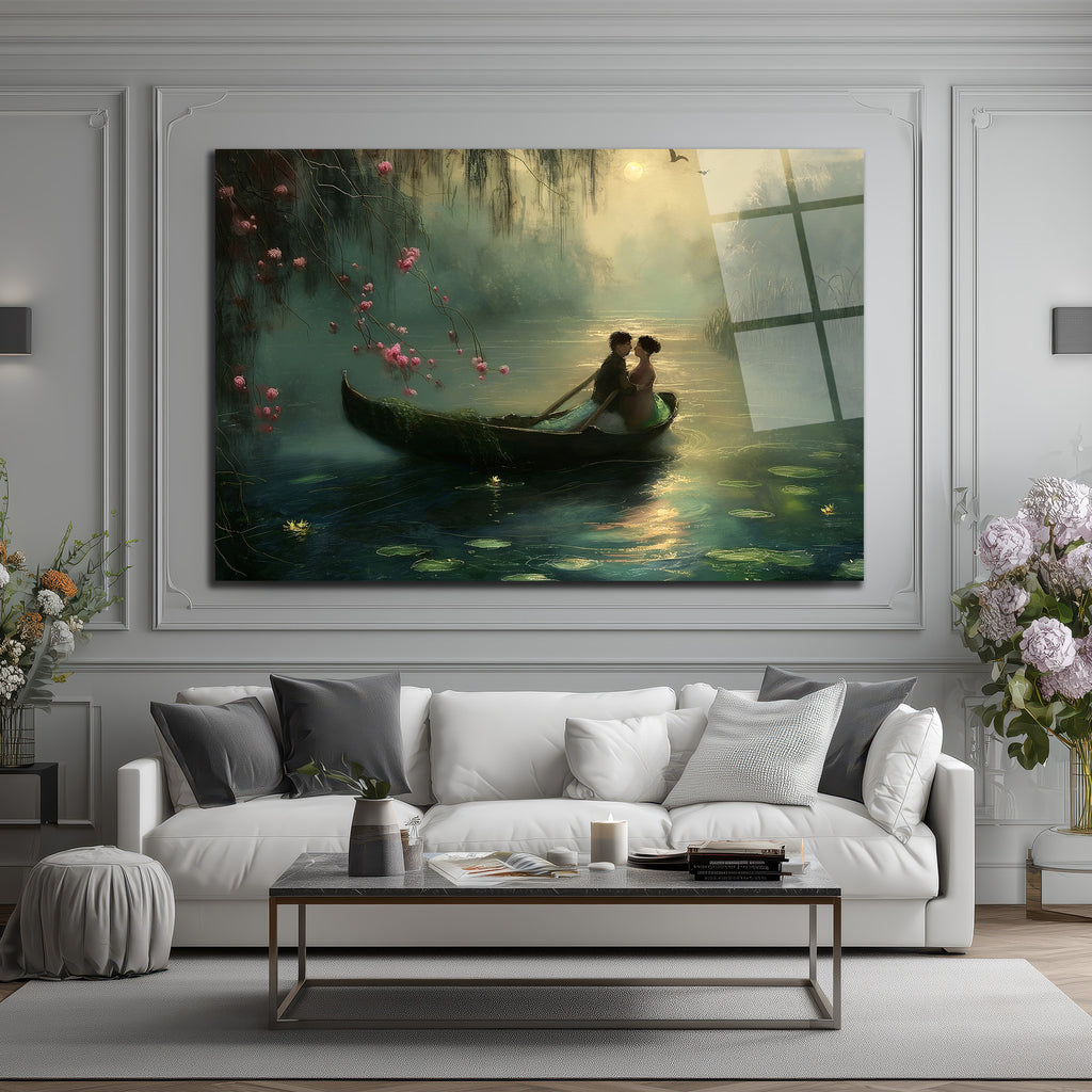 Romantik Göl Manzarası Ay Işığı Cam Tablo