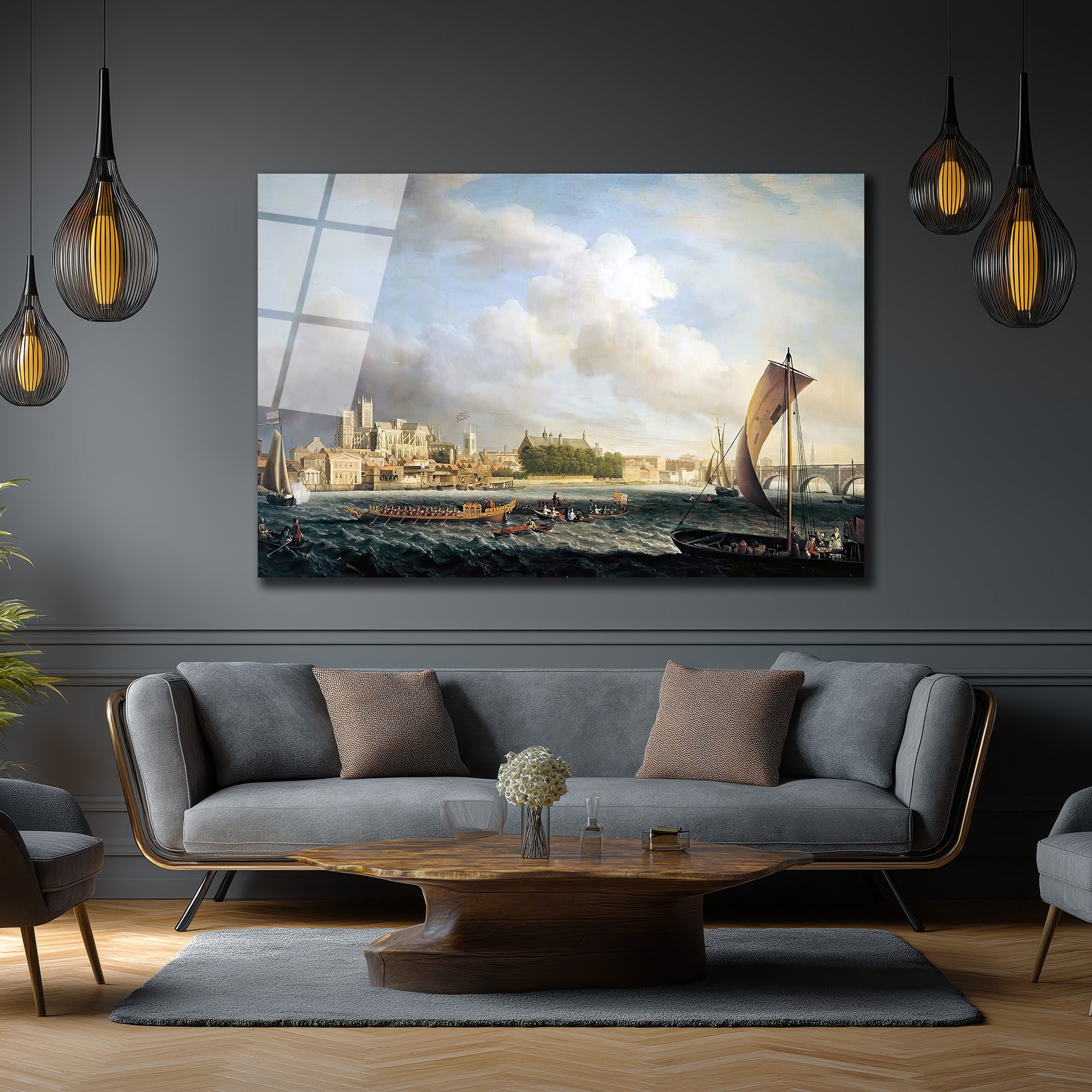 Thames Nehri'nde Tarihi Yolculuk Manzarası Cam Tablo