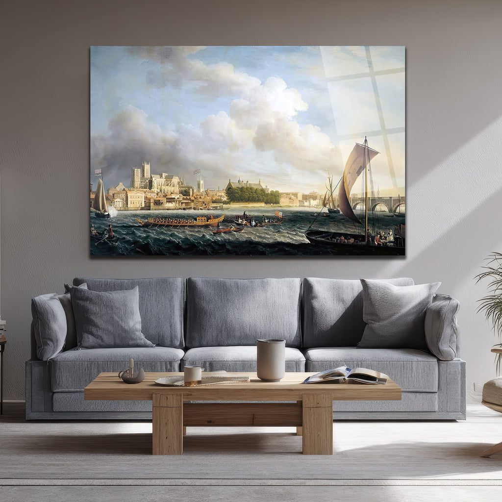 Thames Nehri'nde Tarihi Yolculuk Manzarası Cam Tablo