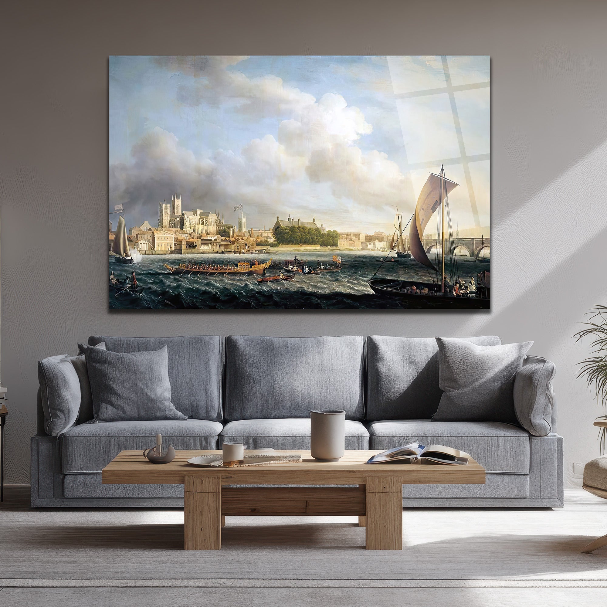 Thames Nehri'nde Tarihi Yolculuk Manzarası Cam Tablo