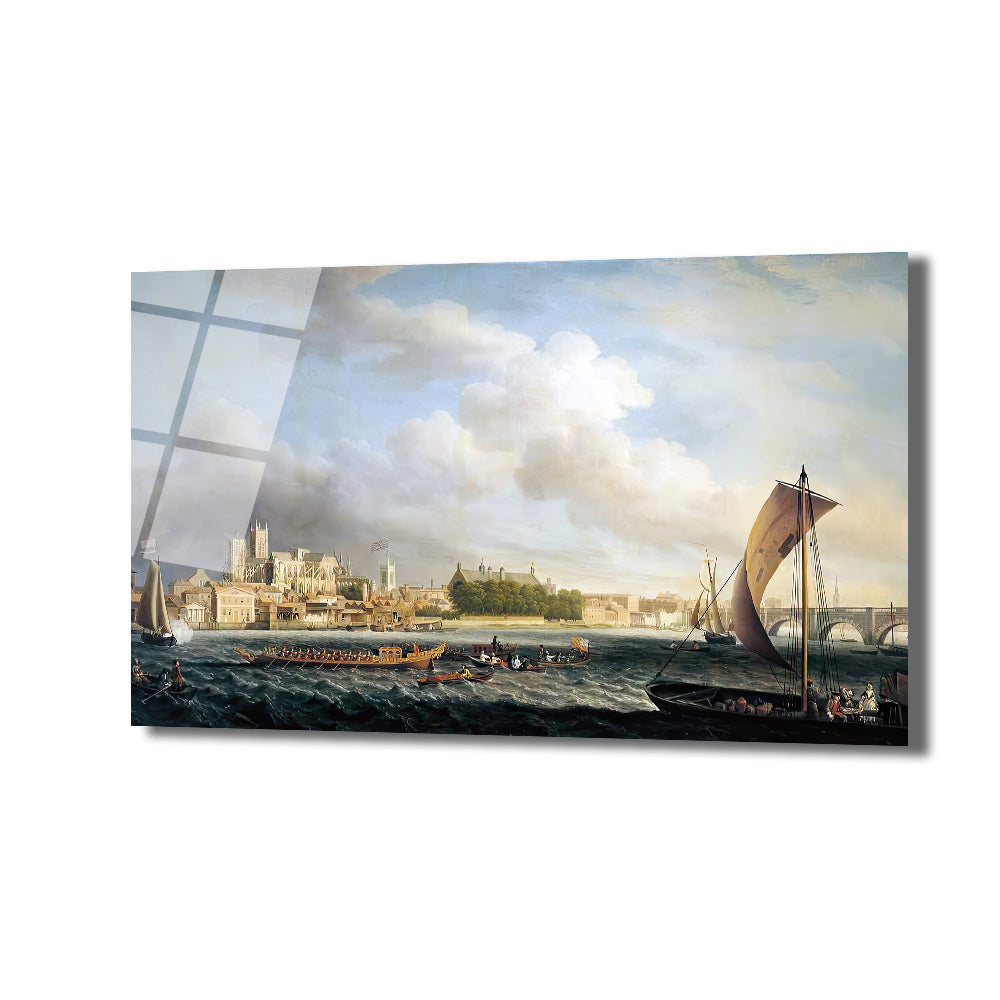 18. yüzyıl Londra'sında Thames Nehri üzerinde hareketli bir günün tasvir edildiği klasik yağlı boya tablo. Ön planda yelkenliler ve kayıklar, arka planda Westminster Abbey ve şehir silüeti ile köprü görünüyor. Gökyüzünde beyaz bulutlar var.