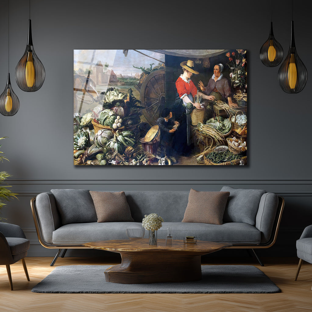 Çarşı Pazar Bereketli Sebze Meyve Temalı Sanatsal Cam Tablo