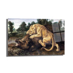 Aslan ve Yaban Domuzu Avı Temalı Güçlü Sanatsal Cam Tablo