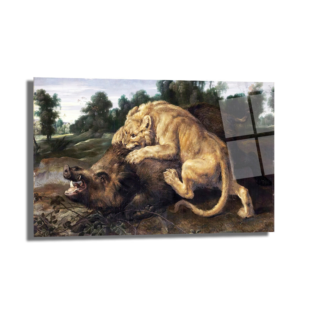 Aslan ve Yaban Domuzu Avı Temalı Güçlü Sanatsal Cam Tablo