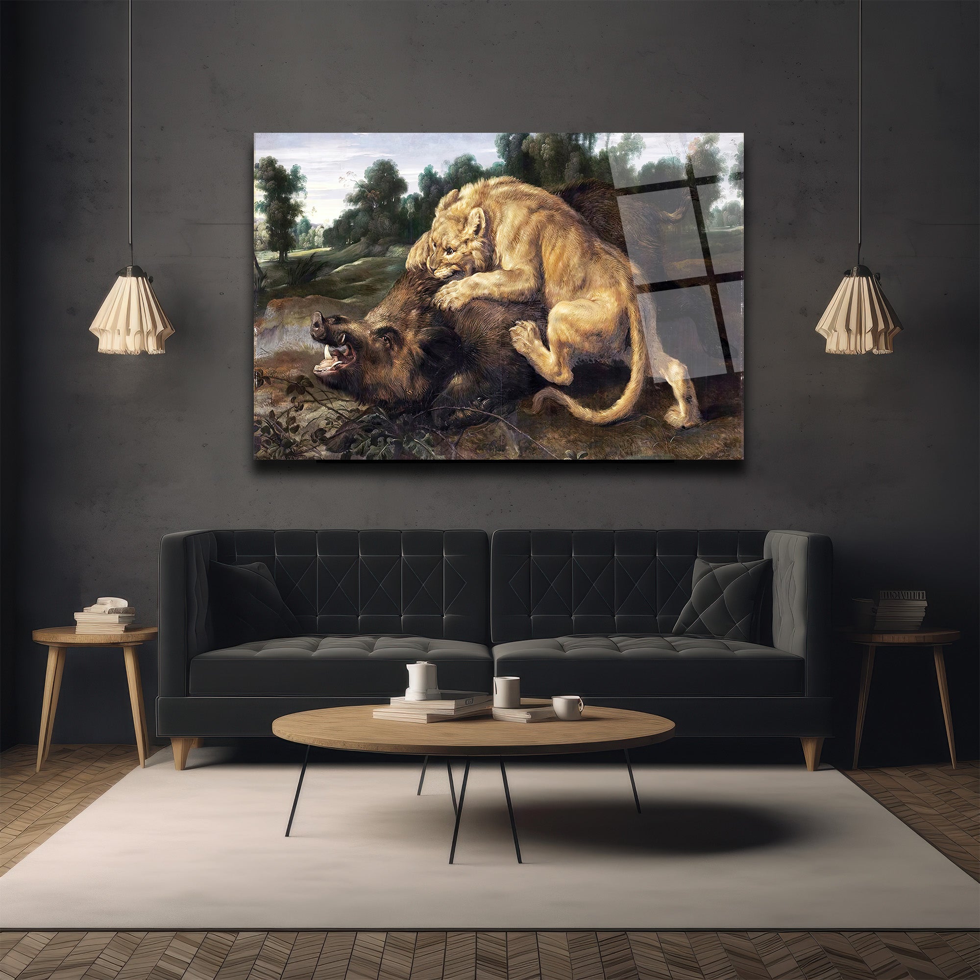 Aslan ve Yaban Domuzu Avı Temalı Güçlü Sanatsal Cam Tablo