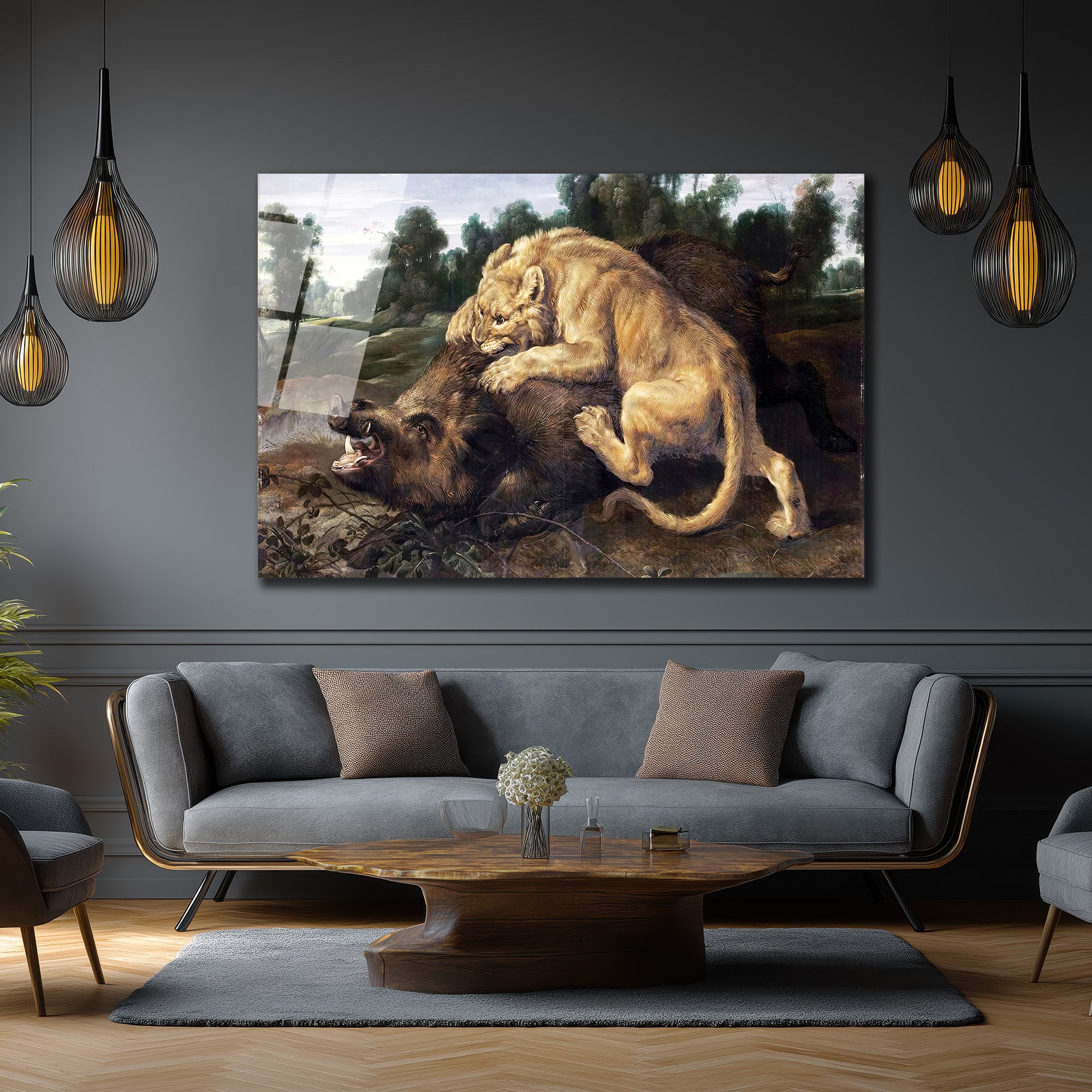Aslan ve Yaban Domuzu Avı Temalı Güçlü Sanatsal Cam Tablo