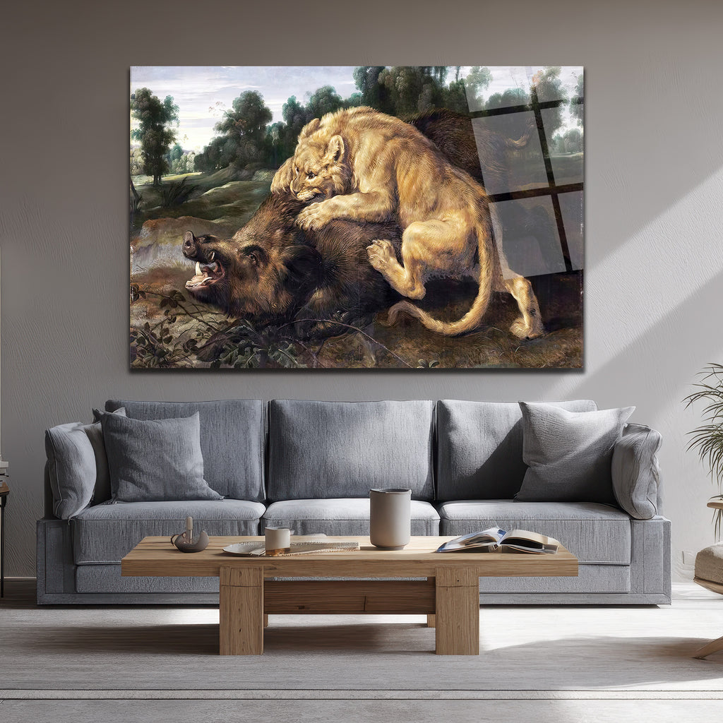 Aslan ve Yaban Domuzu Avı Temalı Güçlü Sanatsal Cam Tablo