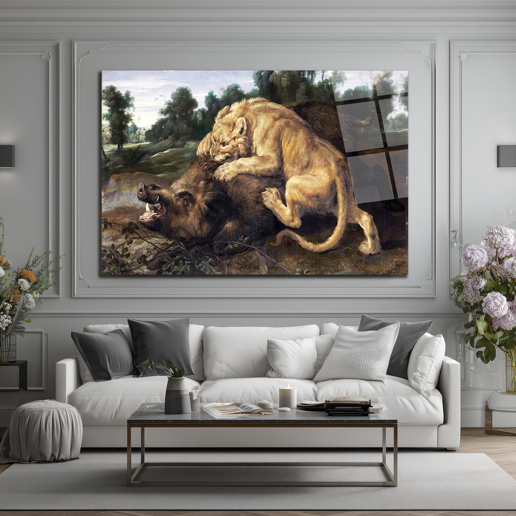 Aslan ve Yaban Domuzu Avı Temalı Güçlü Sanatsal Cam Tablo