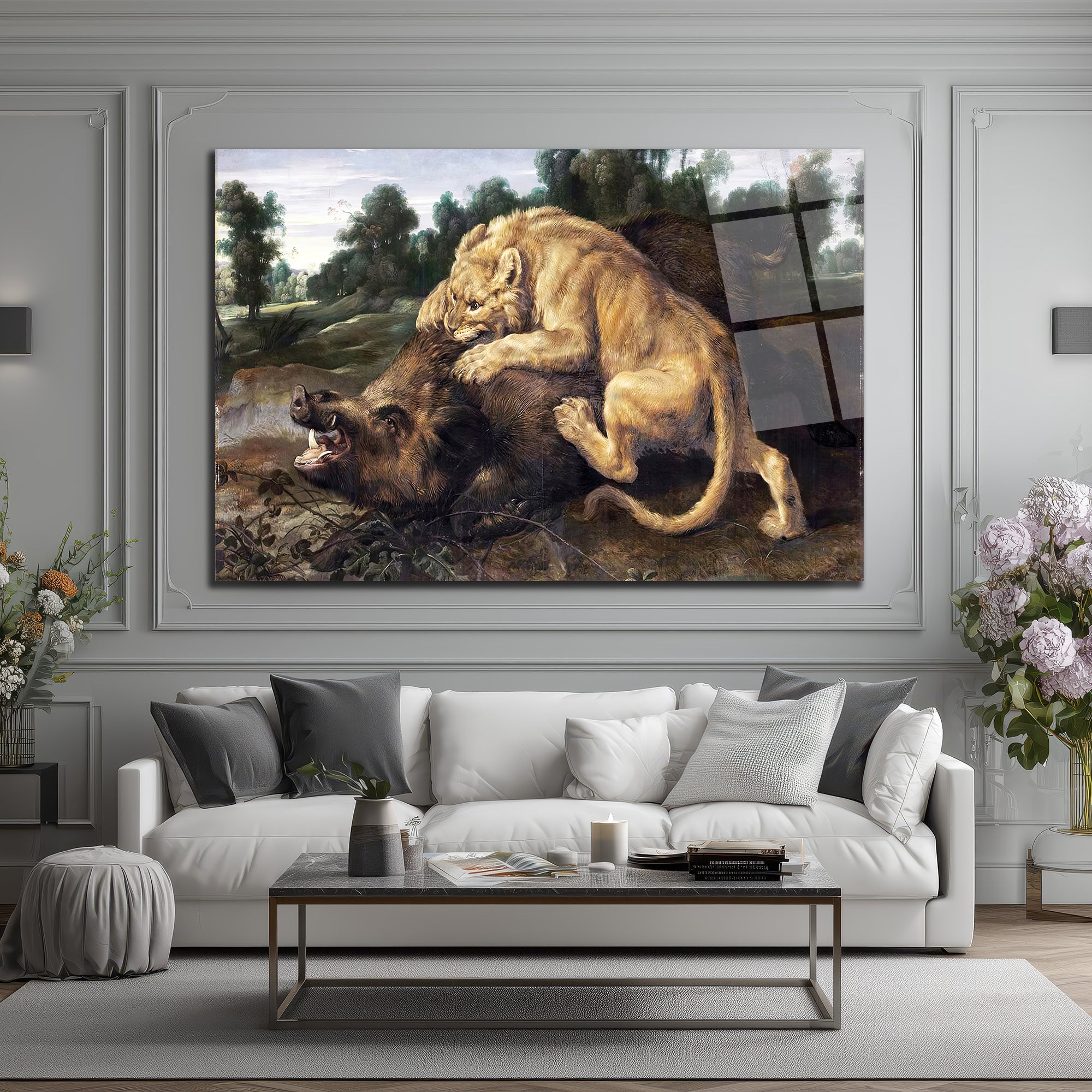 Aslan ve Yaban Domuzu Avı Temalı Güçlü Sanatsal Cam Tablo