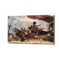 Giovanni Battista Tiepolo'nun 'Amerika Alegorisi' adlı eserini yansıtan, tüylü başlığa sahip bir figürün ortasında yer aldığı, geyikler, timsahlar ve çeşitli figürlerle dolu, barok tarzda bir cam tablo. Tablo, kahverengi, mavi, bej ve kırmızı tonlarında zengin detaylar içeriyor.