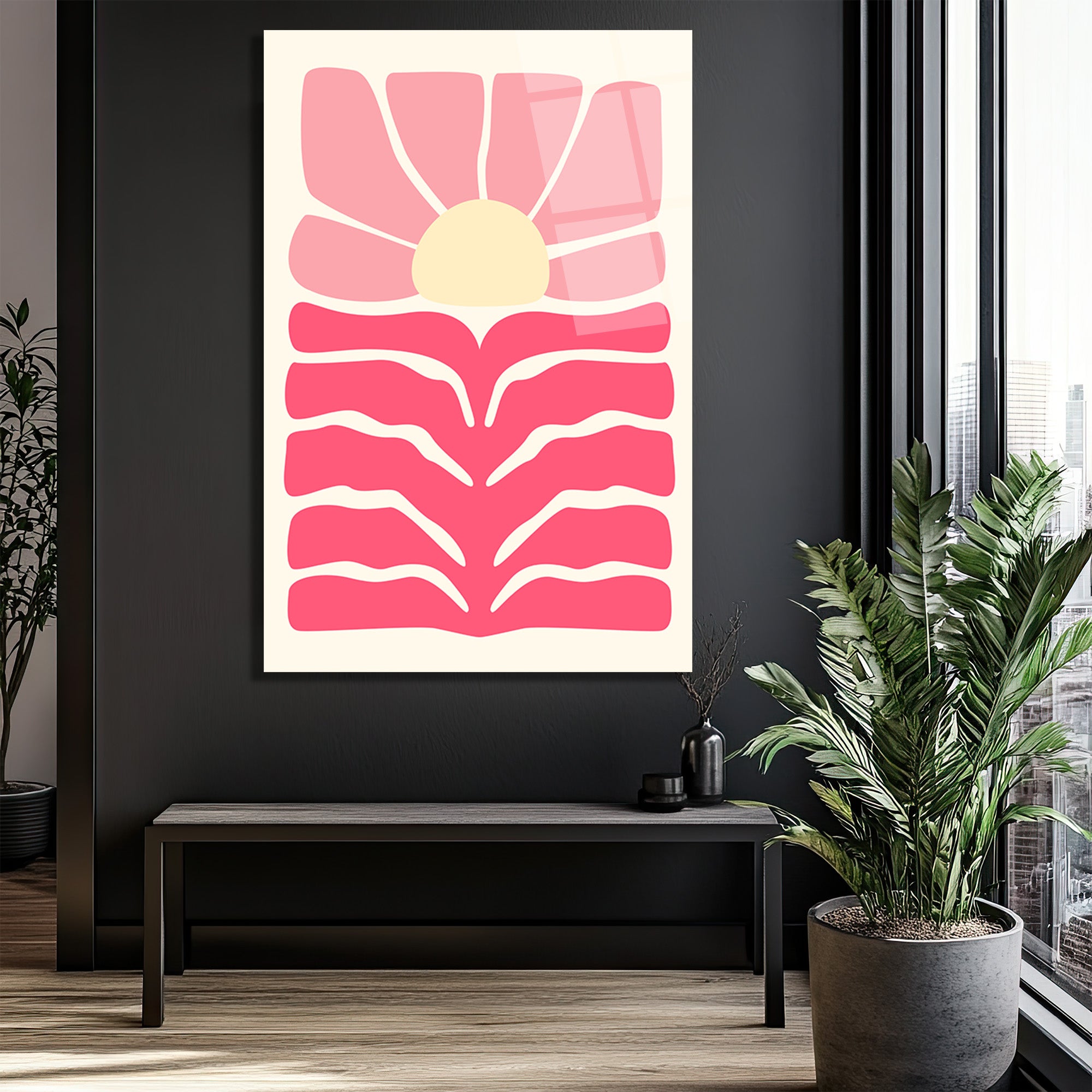 Pembe Günbatımı Soyut Cam Tablo - Modern Sanat Duvar Dekoru