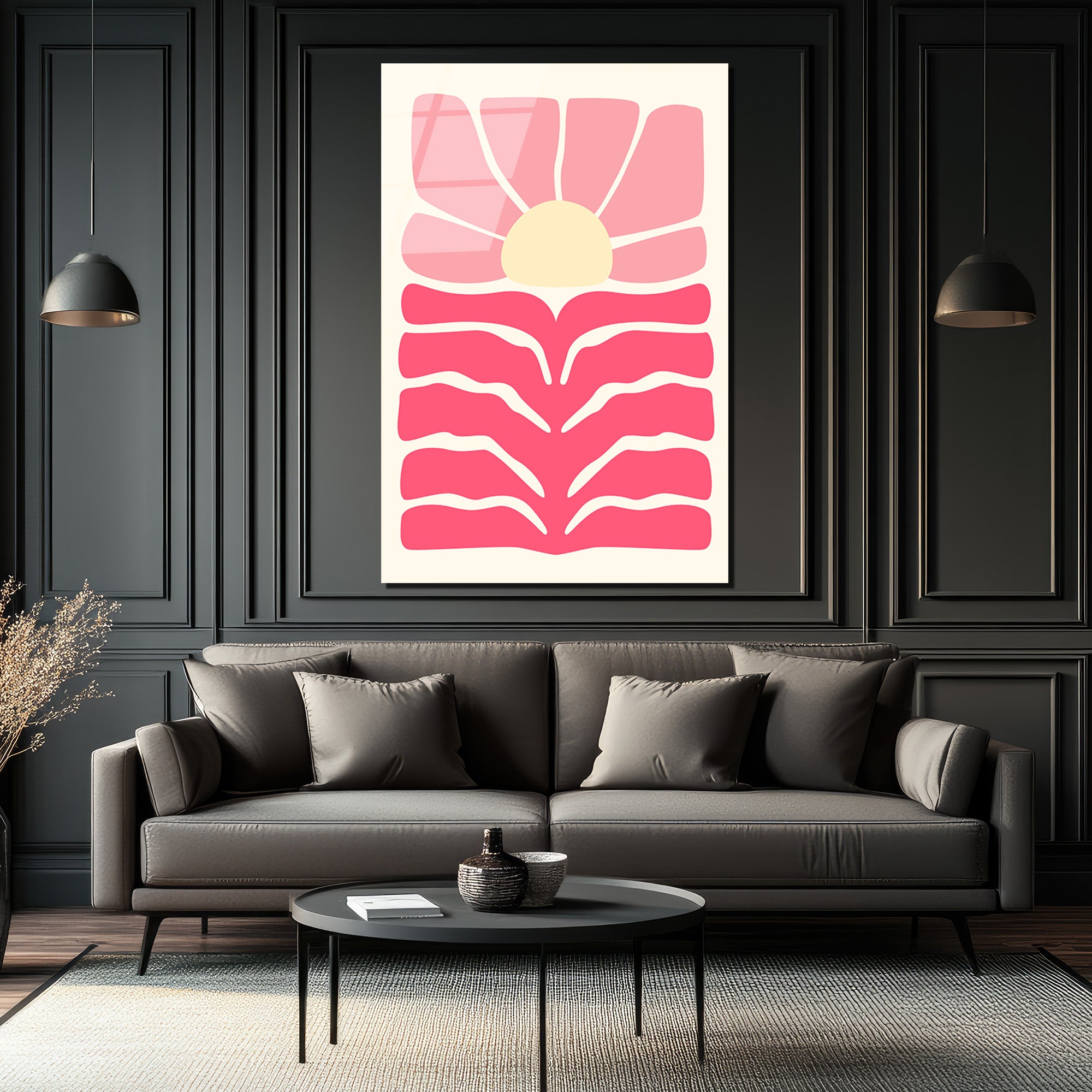 Pembe Günbatımı Soyut Cam Tablo - Modern Sanat Duvar Dekoru